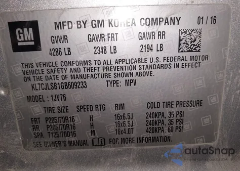 2016 Chevrolet Trax Lt z USA, uszkodzony, nr VIN KL7CJLSB1GB609233